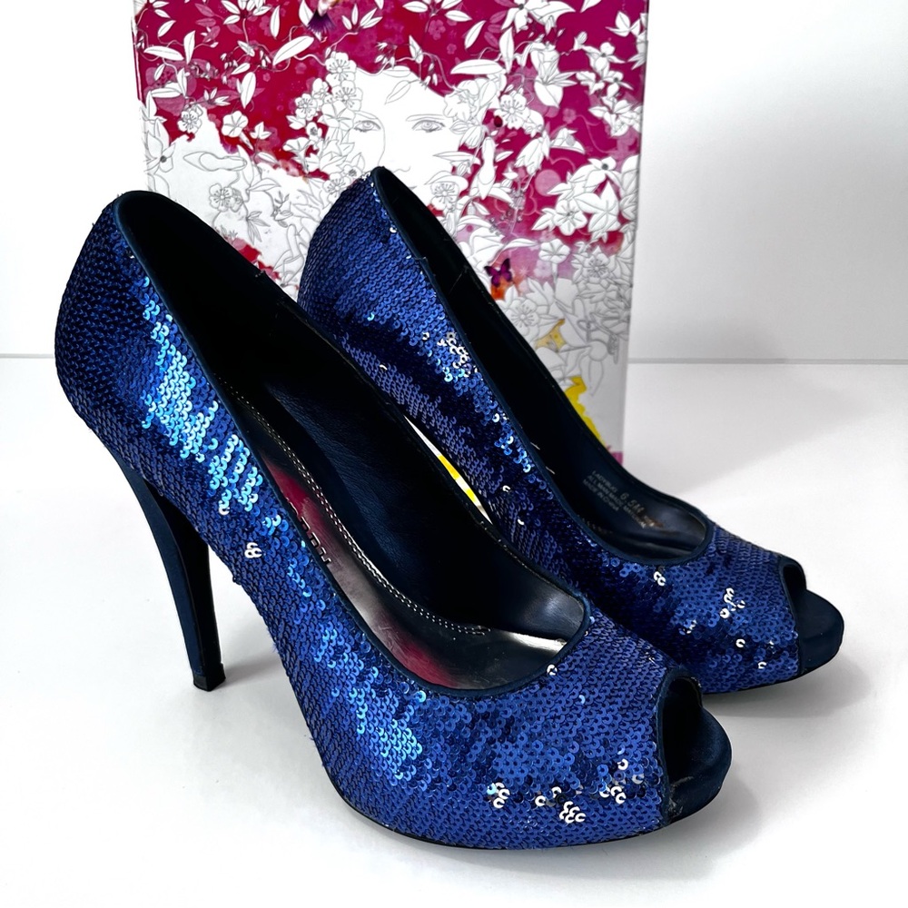 Chinese Laundry Women Ladybug Blue Sparkling Sequin Peep Toe Stiletto Heels 6.5